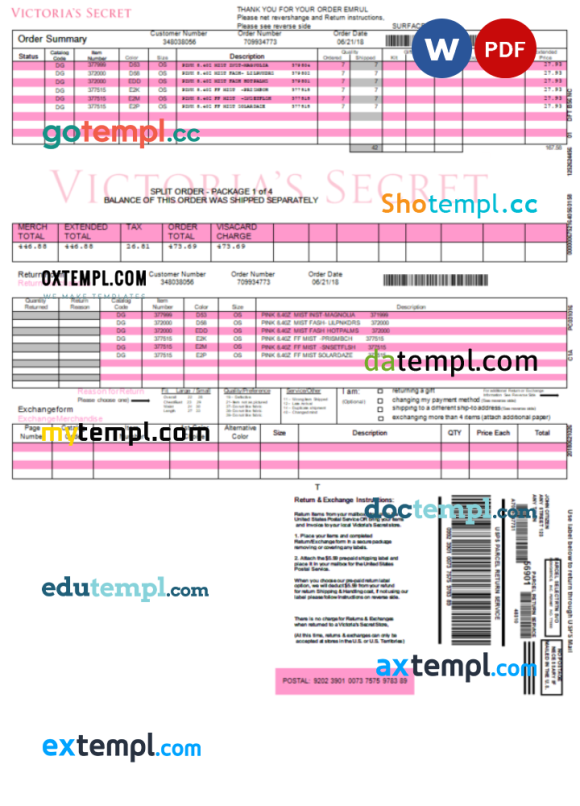 USA Victoria's Secret invoice example Word and PDF example, fully editable