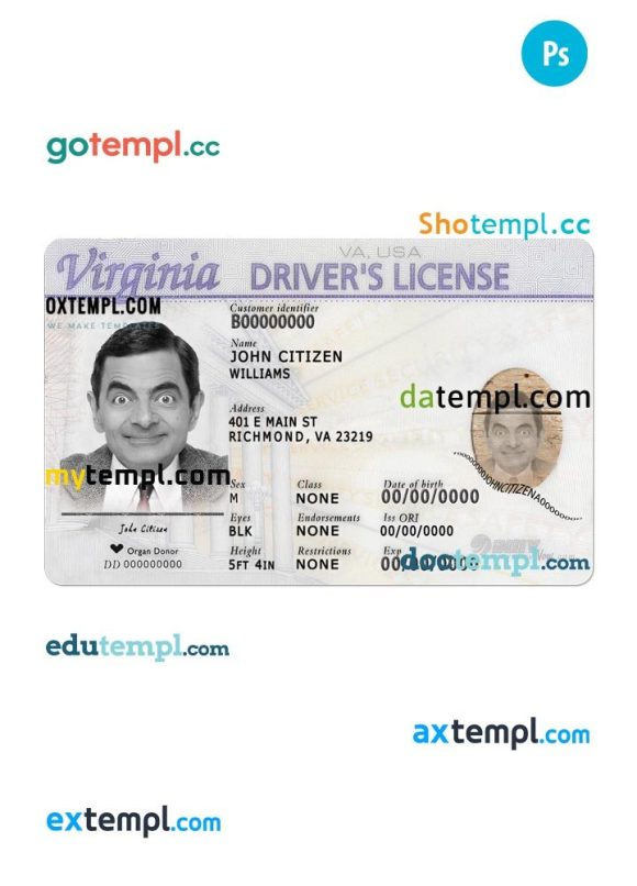 Virginia driver license PSD template (front)