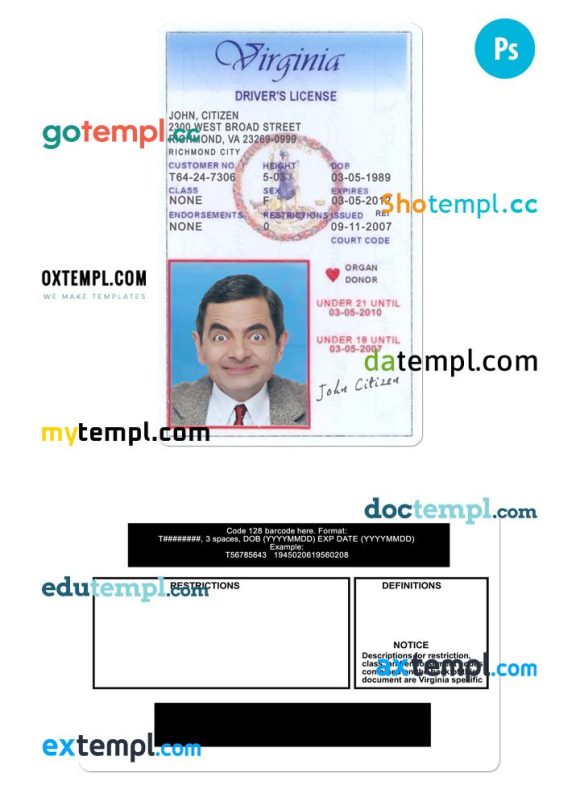 Virginia driver license PSD template, under 21