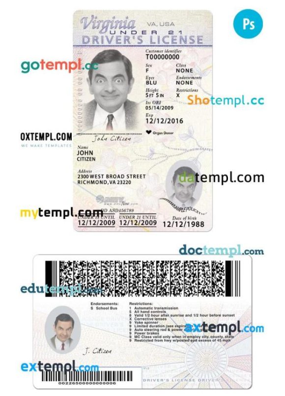 Virginia driver license PSD template, under 21, 2009-present
