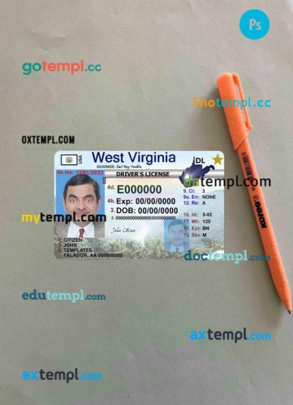 USA West Virginia driving license editable PSD files, scan look and photo-realistic look, 2 in 1