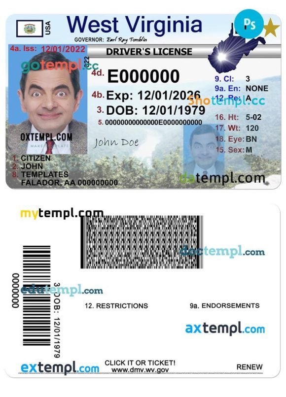 West Virginia driver license PSD template