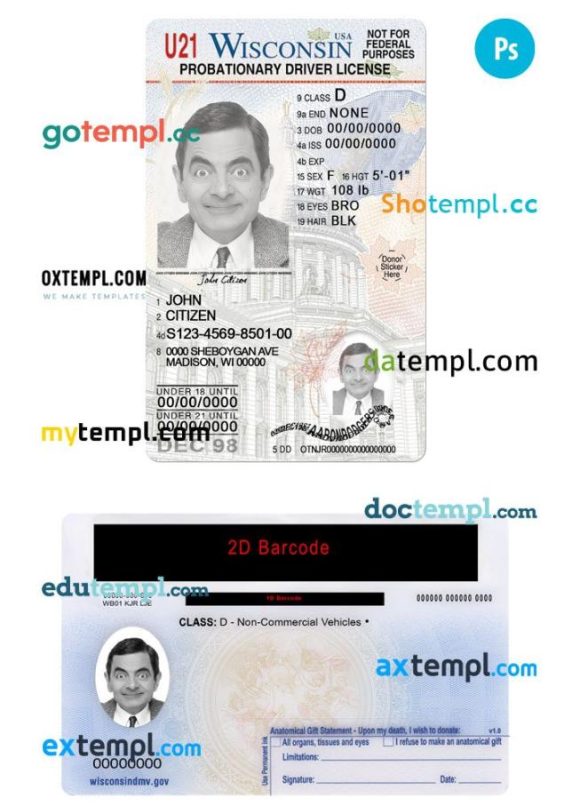 Wisconsin driver license PSD template, under 21