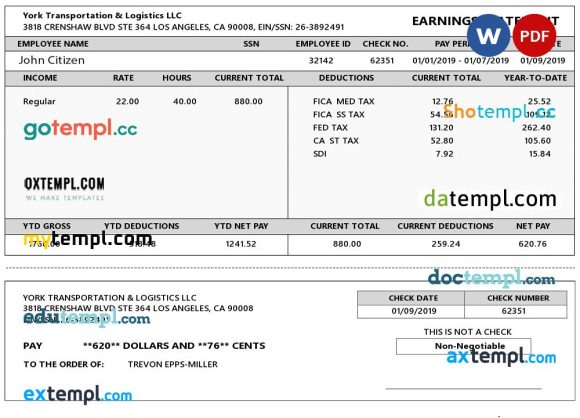 USA YORK Transportation & Logistics LLC earnings statement example in Word and PDF formats