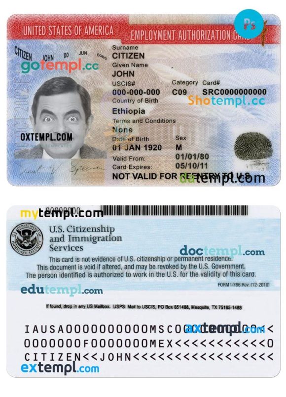 USA employment authorization card PSD example, version 2