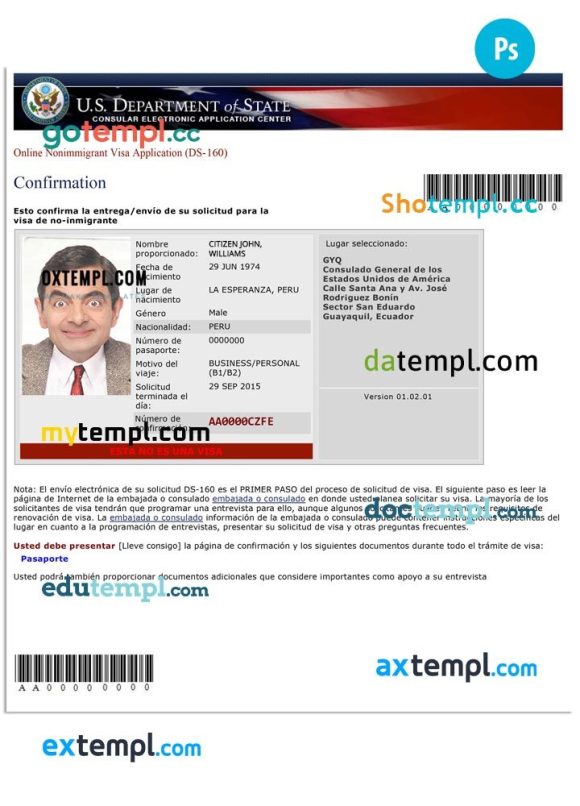 USA nonimmigrant visa application (DS-160) PSD example, with fonts