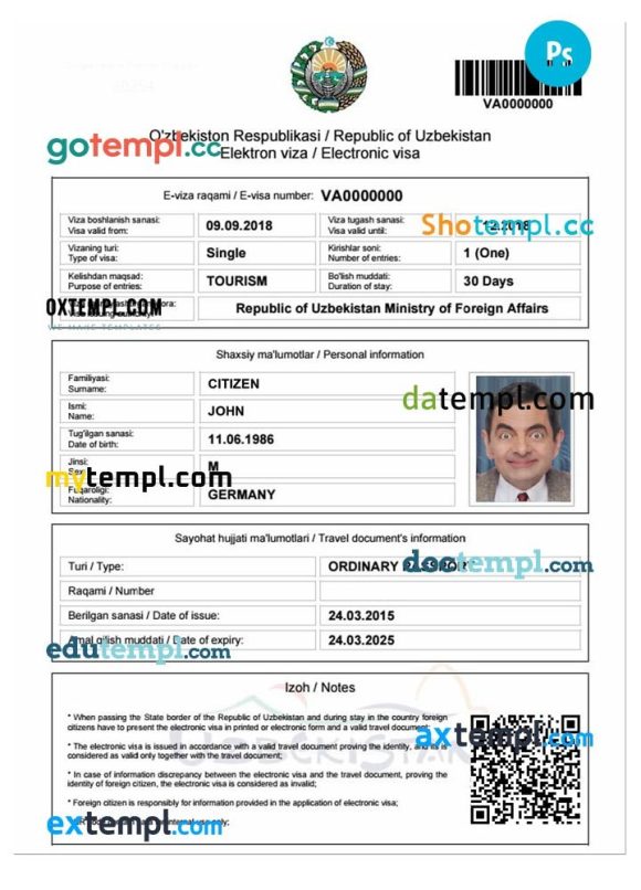 UZBEKISTAN electronic travel visa PSD example, with fonts