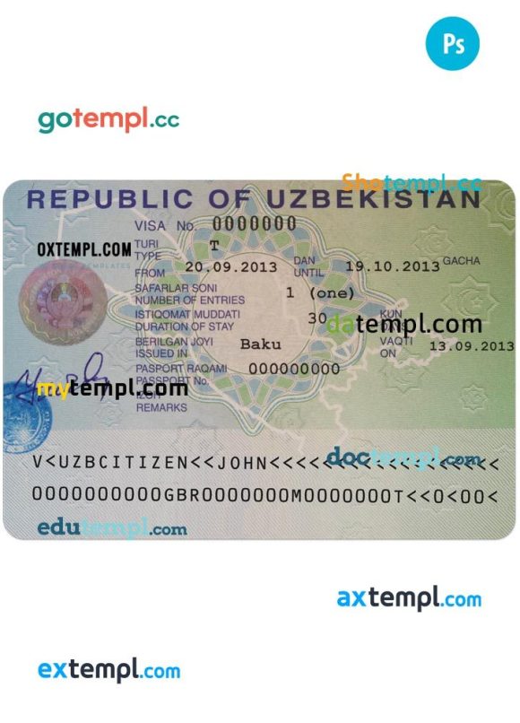 Uzbekistani entry visa PSD example, fully editable