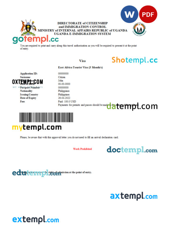 Uganda e-visa Word and PDF example