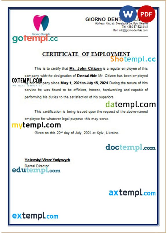 Ukraine Giorno Dental certificate of employment Word and PDF download template