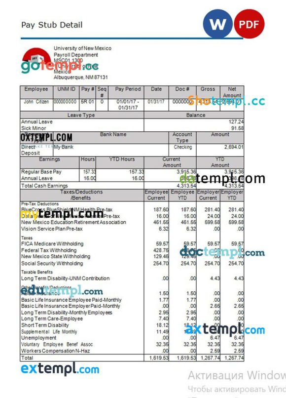 University of New Mexican paystub example in Word and PDF formats