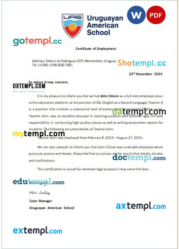 Uruguay American School certificate of employment Word and PDF download template