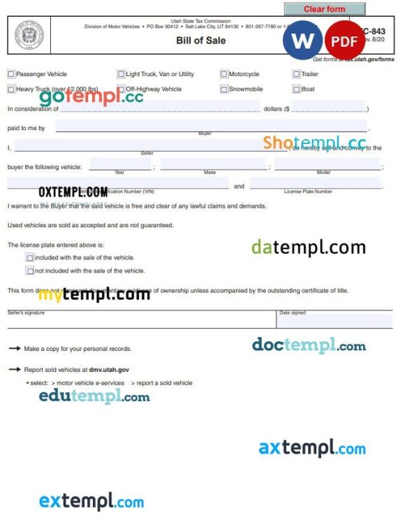Utah Automobile Motorcycle Bill of Sale example, fully editable