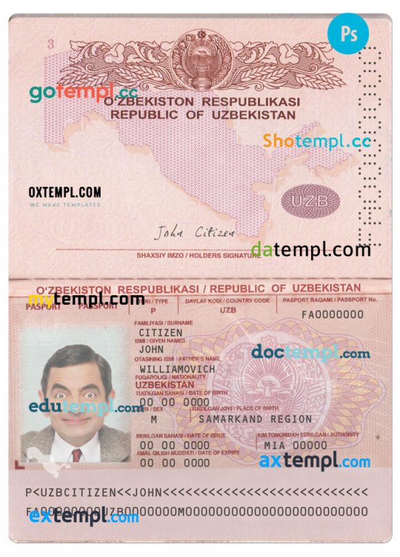Uzbekistan passport editable PSD files, scan and photo look templates, 2 in 1, 2022-present - Image 2
