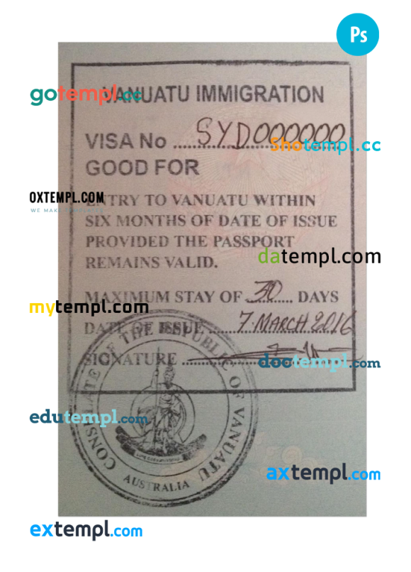 VANUATU visa stamp PSD example, with fonts