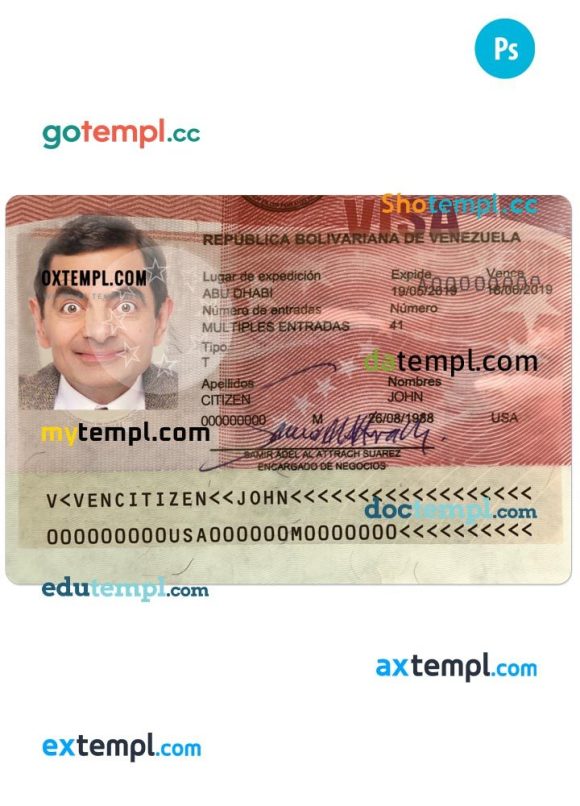 Venezuela entry visa PSD example, completely editable, with fonts