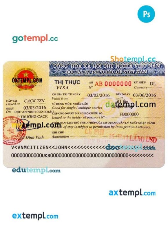 VIETNAM entry visa PSD example, fully editable