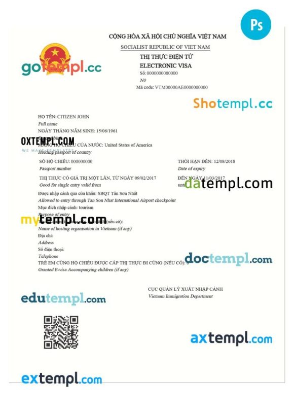 VIETNAM electronic travel visa PSD example, with fonts