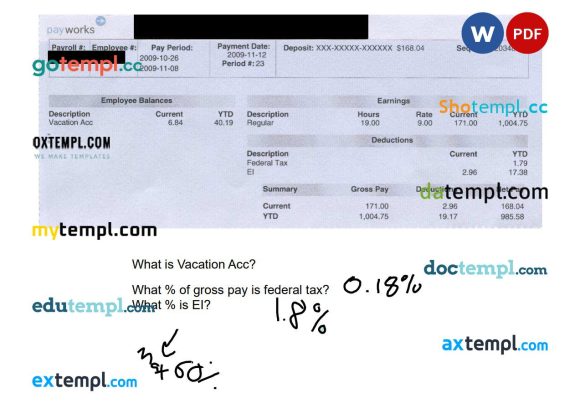 VACATION Acc pay works pay stub Word and PDF example