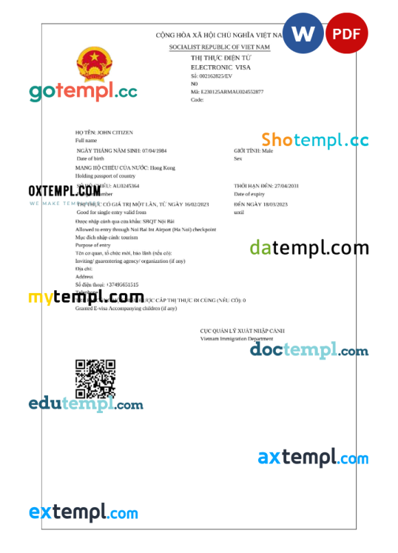 Vietnam electronic visa Word and PDF example