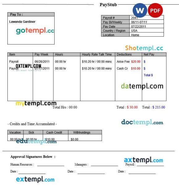 WAH PBC Paystub Word and PDF example