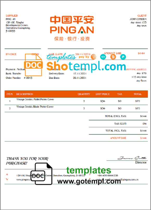 USA Ping An invoice example in Word and PDF (.doc and .pdf) format
