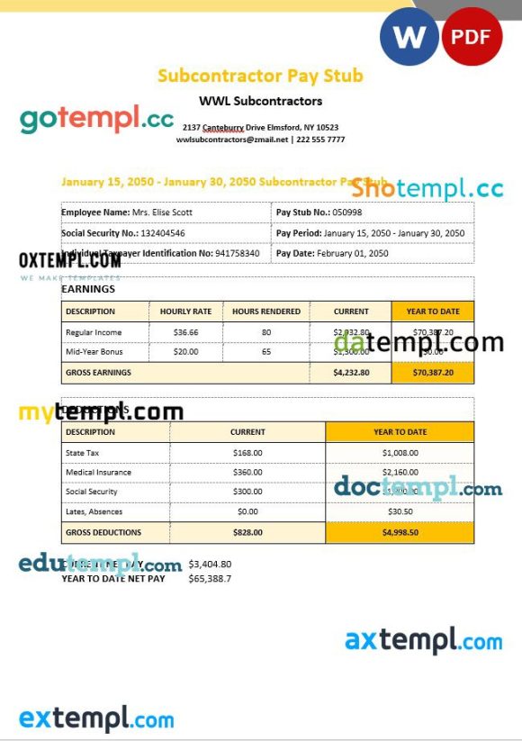 WWL Subcontractors pay stub example in PDF and Word formats