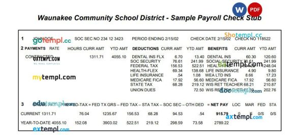 Waunakee Community School District payroll check stub Word and PDF example