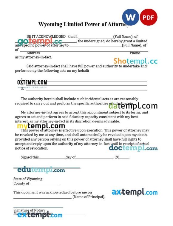 Wyoming Limited Power of Attorney example, fully editable