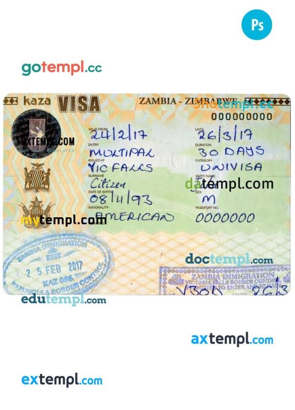 Zambian and Zimbabwean travel visa PSD example, with fonts
