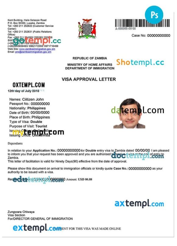 Zambian electronic travel visa PSD example, with fonts