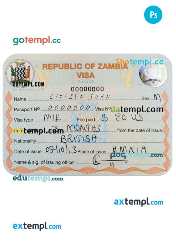 Zambian entry visa PSD example, fully editable