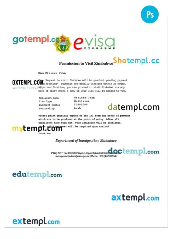 Zimbabwean electronic travel visa PSD example, with fonts