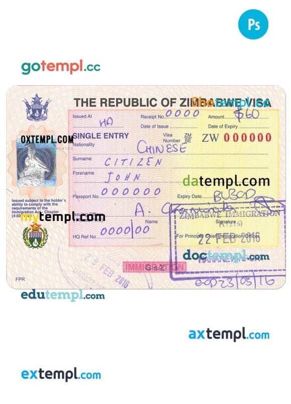 Zimbabwean entry visa PSD example, completely editable, with fonts