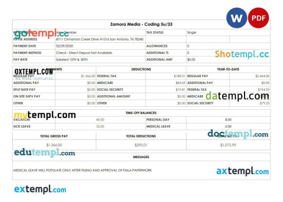 Zamora Media Coding pay stub Word and PDF example