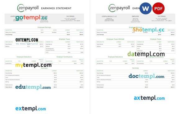 Zenpayroll earnings statement Word and PDF example