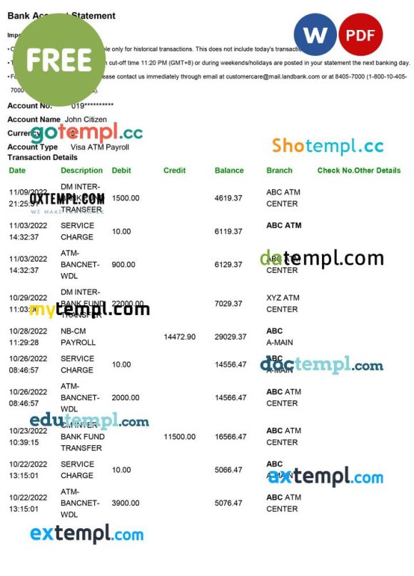 bank account statement sample in .doc and .pdf formats