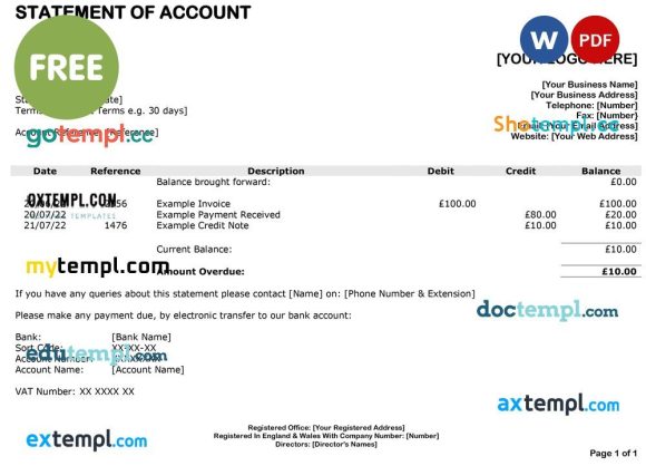 bank statement of account template, Word and PDF format, completely editable