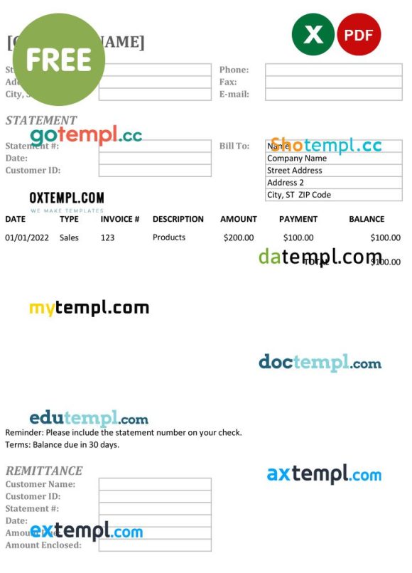 bank statement template in Excel and PDF formats