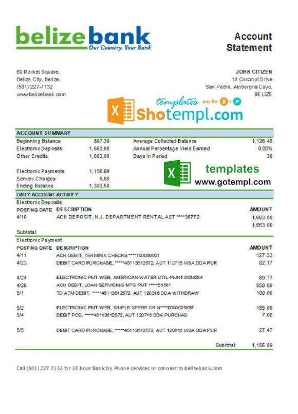 Belizean Belizeanbank bank statement 3 - 6 months easy to fill example in .xls and .pdf file format