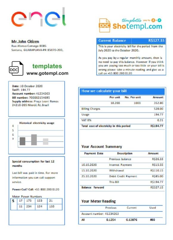 Brazilian ENEL electricity utility bill download example in Word and PDF format