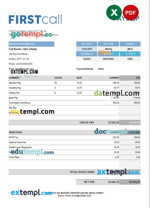 call forwarding company paystub example in Excel and PDF formats