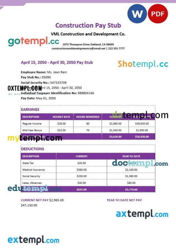 Construction pay stub Word and PDF example