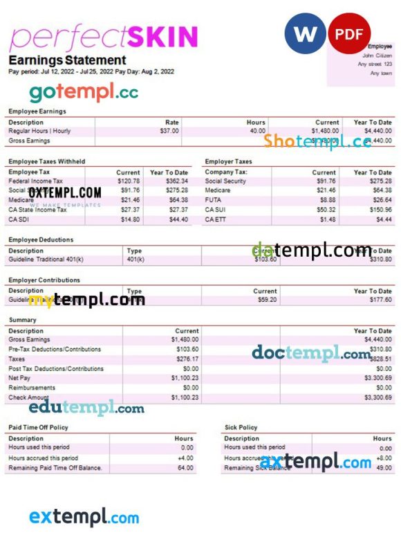 dermatology company paystub example in Word and PDF formats