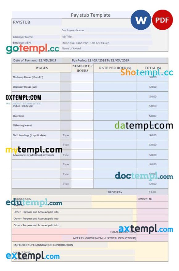 Employer superannuation contribution pay stub Word and PDF example