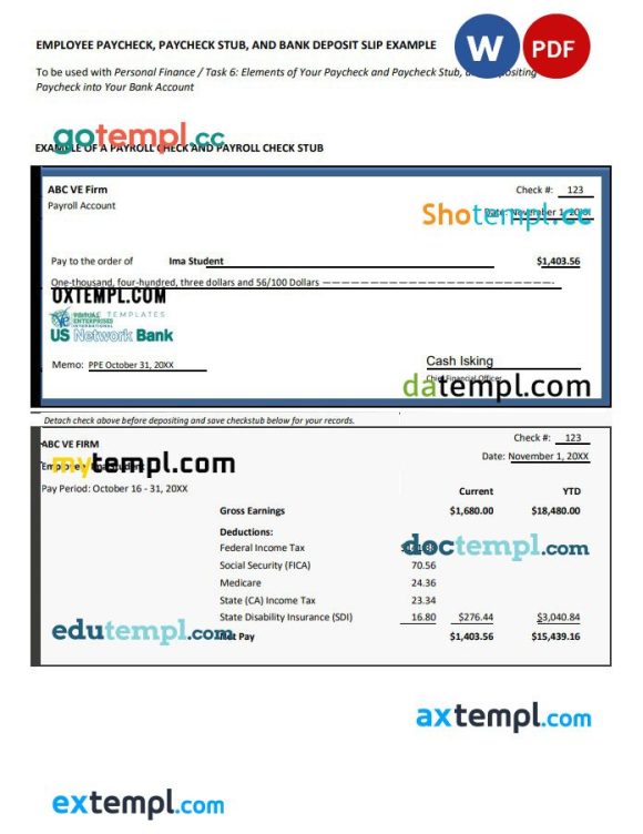 Employee paycheck, paycheck stub and bank deposit slip Word and PDF example