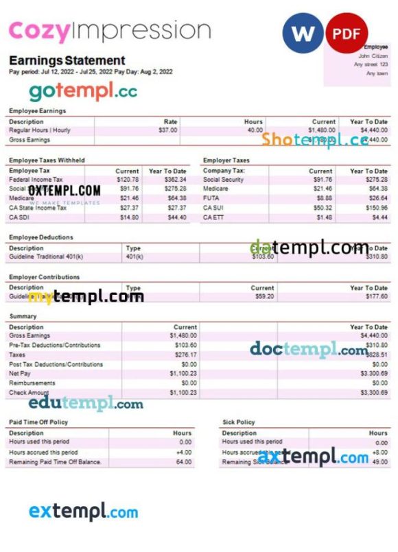 fast fashion company payslip example in Word and PDF formats