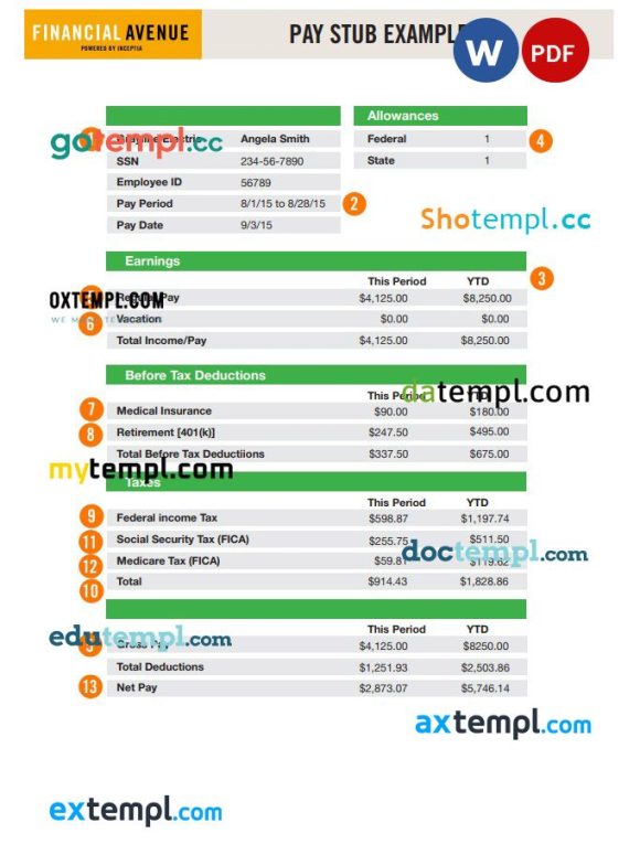 Financial avenue pay stub Word and PDF example