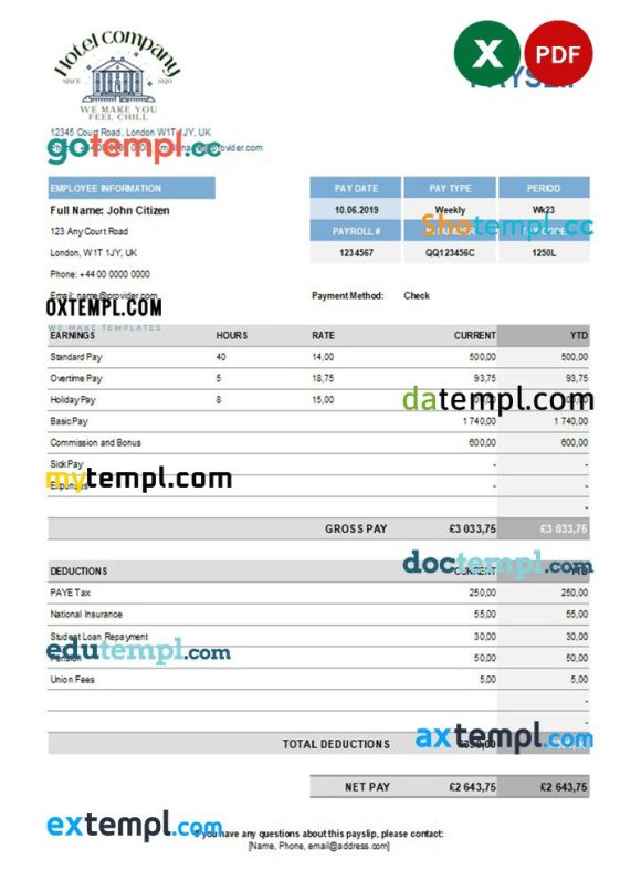 hotel company payroll example in Excel and PDF formats
