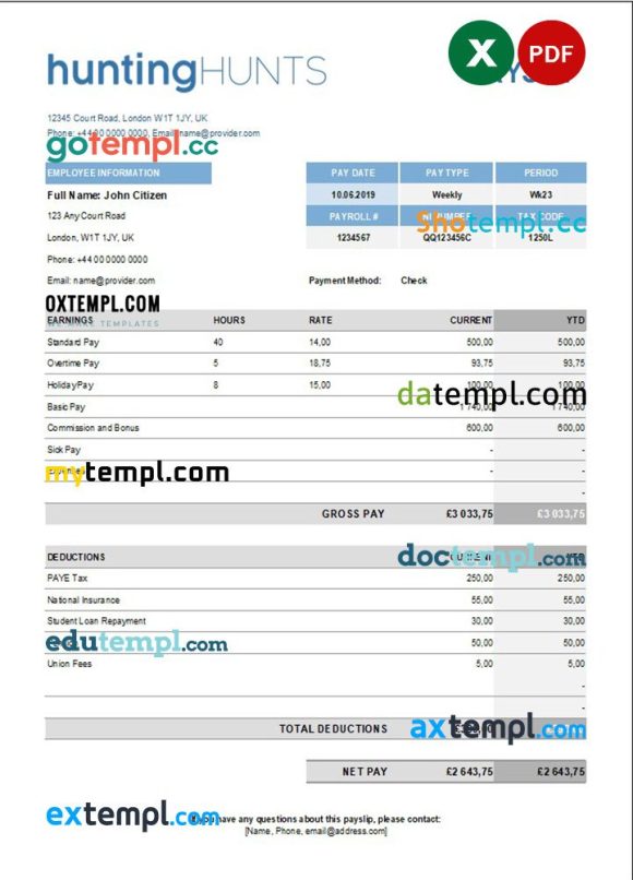 hunting company paystub example in Excel and PDF formats